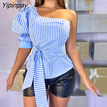 Yipinpay Women Casual One Shoulder Short Puff Sleeve Sashes Plaid blouses Tops